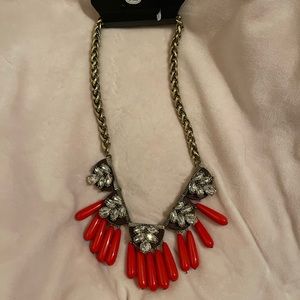 J crew coral orange bead & rhinestone gold tone statement necklace